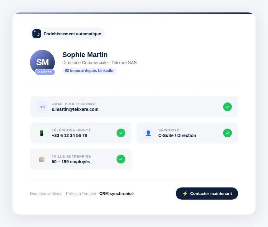 Enrichissement CRM automatique avec Jova — email et téléphone d'un prospect LinkedIn